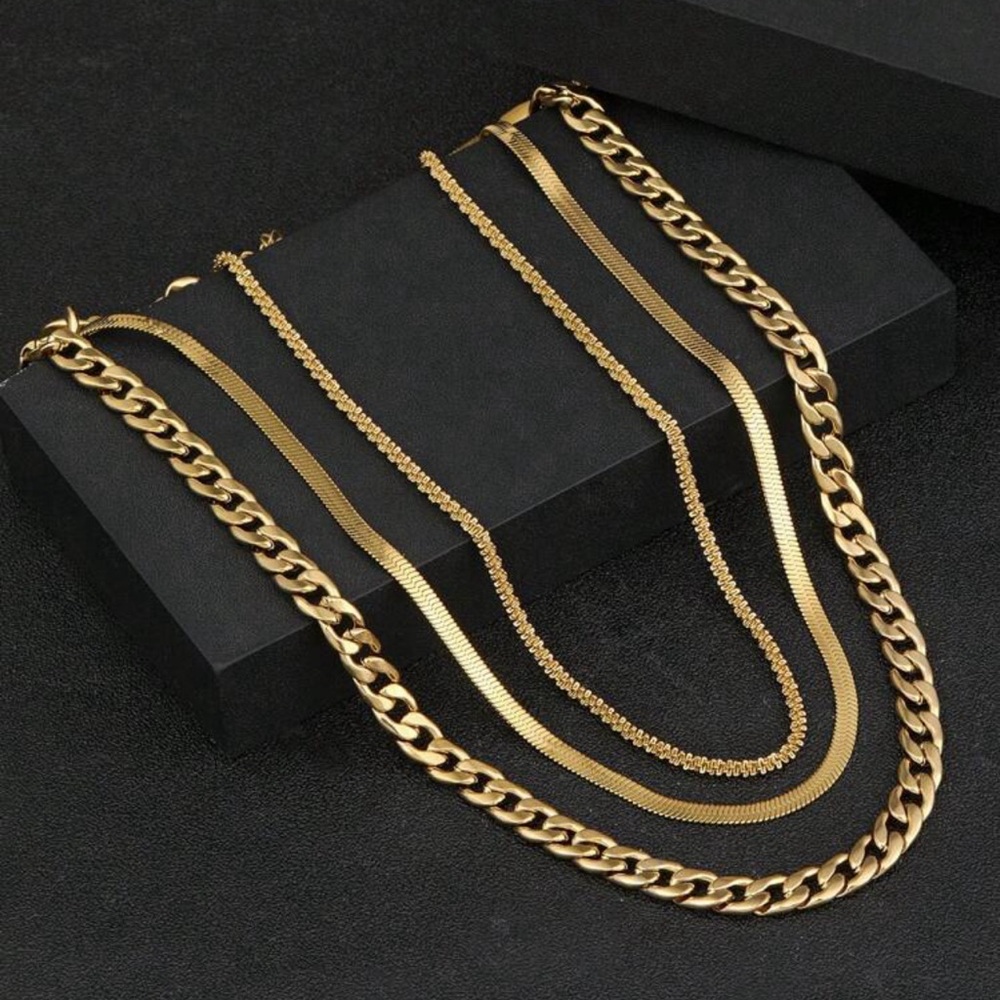 3Pcs Men Stainless Steel Gold Color Necklace Set - Picture 2 of 4